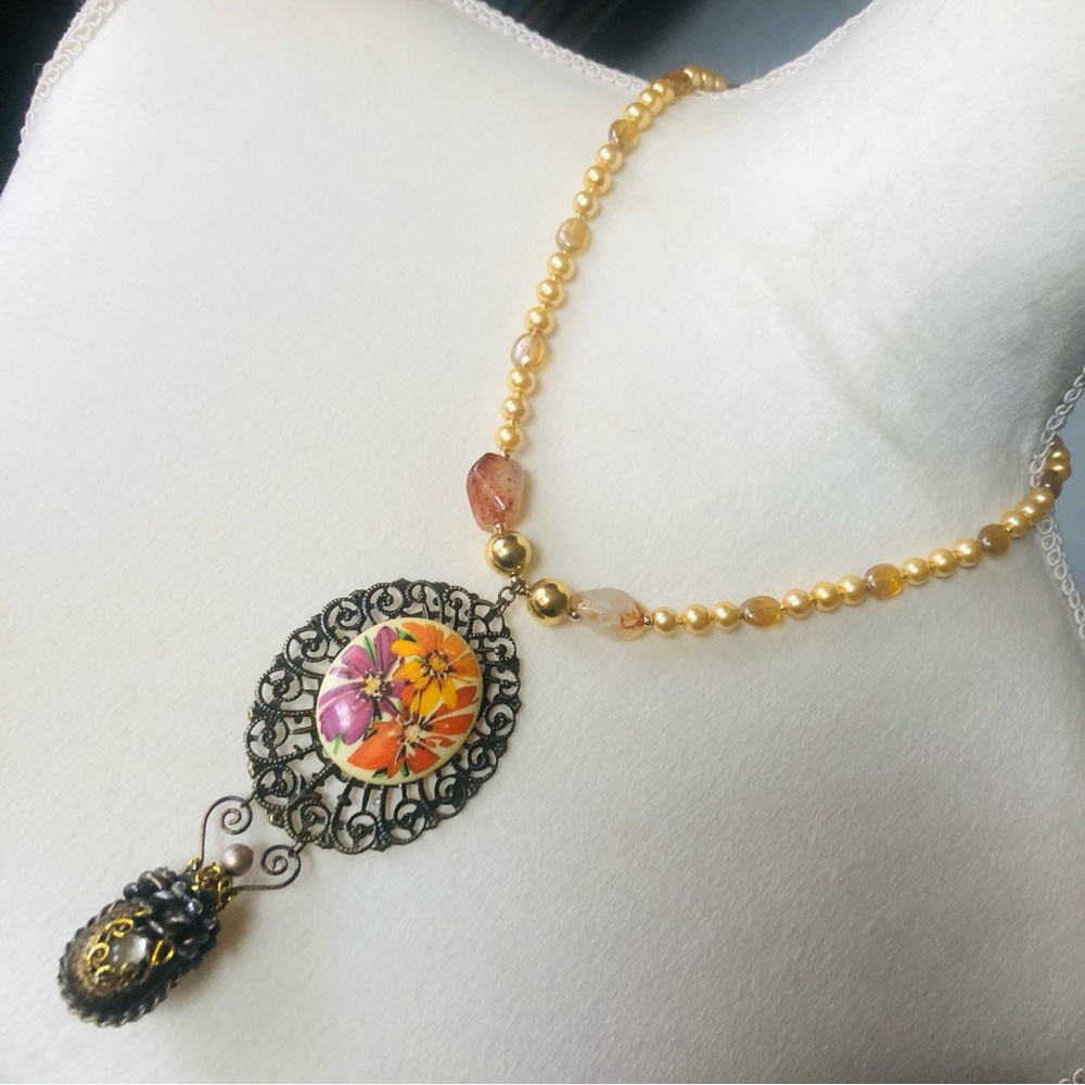 Handcrafted repurpose floral cameo brass pendant Czech glass Pearl necklace